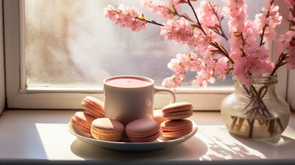 Pink flowers in vase, cup of coffee and macaroons on windowsill. - obrazy, fototapety, plakaty