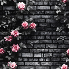 Bricks Wall Texture, Overgrown Flowers Brick Textures, Rustic Brick Texture, Seamless Patterns. Generative Ai