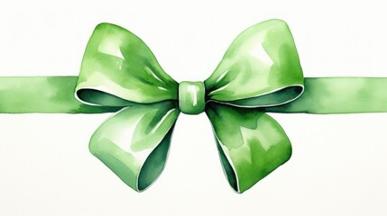 Watercolor illustration of a green St Patrick's Day ribbon tied in a bow. Card.