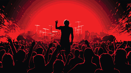 music themed concert crowd tones of live show red and performance black. a music concert with a cheering audience, stage lights. Vector illustration - obrazy, fototapety, plakaty