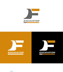 F logo excavator for construction company. Heavy equipment template vector illustration for your branding. - obrazy, fototapety, plakaty