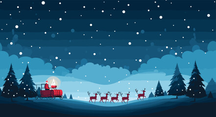 Naklejka premium art piece showcasing a group of adorable reindeer pulling Santa's sleigh across a starlit sky. Santa's bright red suiy