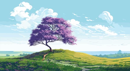 Fototapeten vector illustration showcasing a lush green heath landscape under a vibrant blue sky. solitary tree on a small hill, stands tall and detailed © J.V.G. Ransika