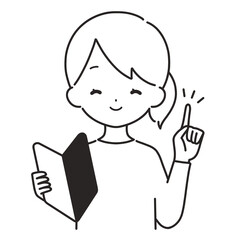 モノクロ｜初心者マークを持つ私服の女性｜指差し