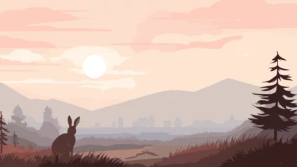 Rolgordijnen vector scene of a heath at dawn, blanketed in a gentle mist. a solitary rabbit, is featured prominently in the foreground.  © J.V.G. Ransika