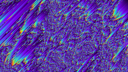 Pixel sorting style background with diagonal holographic iridescent lines. Geometric trendy grunge pixelart design. Colorful dynamic distorted motion digital noise texture. Vector illustration