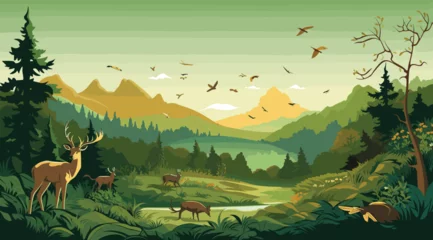 Foto op Plexiglas wildlife-themed vector background with natural habitat hues of wildlife green and animal brown. detailed vector illustration of a diverse wildlife habitat with animals, trees © J.V.G. Ransika