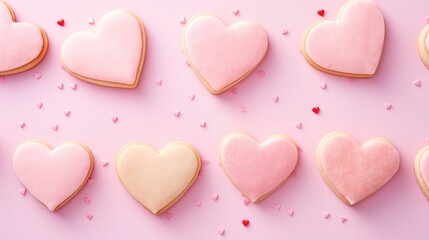 Fototapeta premium Homemade valentine heart cookies against pink background.