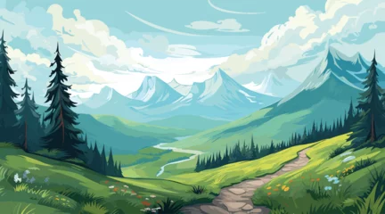 Poster adventurous vector landscape background in lively, outdoor hues of forest green and sky blue. mountain range with a winding hiking trail. This background is perfect for travel post © J.V.G. Ransika
