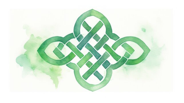 Watercolor sketch of a traditional Celtic knot in shades of green. St. Patrick's Day illustration background. Card.