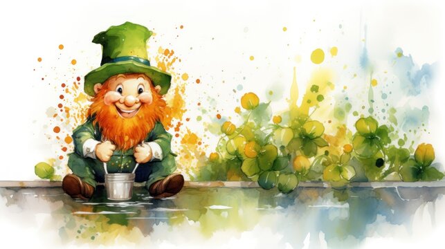 Whimsical watercolor scene of a mischievous leprechaun playing pranks. St. Patrick's Day illustration background. Card.