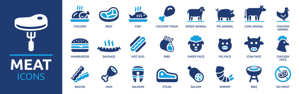 Meat icon set. Containing beef, chicken, steak, cow, fish, ribs, sausage, BBQ, ham and more. Vector solid icons collection.