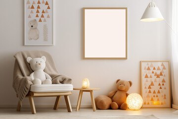 Discover a charming mockup of a vertical picture frame in a cozy kids' room with wooden furnishings, toys, teddy bears, and delightful wall art