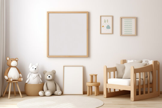 Discover a charming mockup of a vertical picture frame in a cozy kids' room with wooden furnishings, toys, teddy bears, and delightful wall art