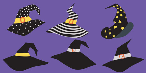 set of black witch hat isolated on purple background. hallooween day