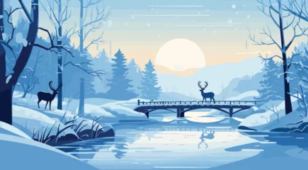  a snow-covered bridge over a tranquil river, with a reindeer pulling a sleigh.  © J.V.G. Ransika