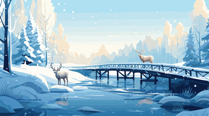 a snow-covered bridge over a tranquil river, with a reindeer pulling a sleigh.  - obrazy, fototapety, plakaty