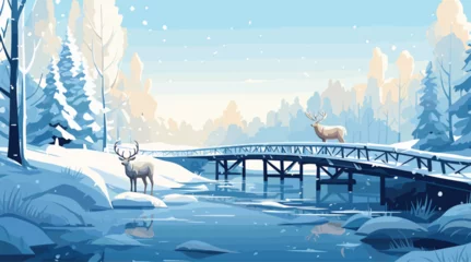 Fototapeten a snow-covered bridge over a tranquil river, with a reindeer pulling a sleigh.  © J.V.G. Ransika