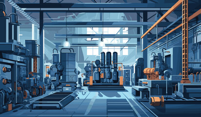 Create an industrial vector background with metallic grays and machinery blues. The subject is a clear vector depiction of a factory floor with heavy machinery and industrial equipment. - obrazy, fototapety, plakaty