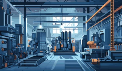 Foto op Plexiglas Create an industrial vector background with metallic grays and machinery blues. The subject is a clear vector depiction of a factory floor with heavy machinery and industrial equipment. © J.V.G. Ransika