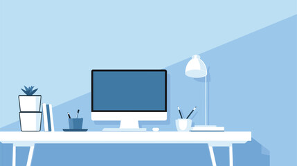 professional vector background with a in shades of corporate blue and gray. clear vector illustration of a minimalistic office desk with a computer monitor - obrazy, fototapety, plakaty