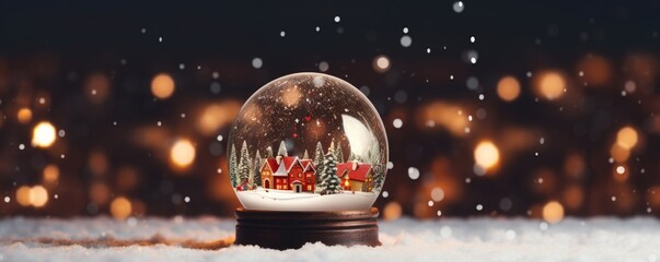 Snow globe with a fairytale house and Christmas trees in the snow on blurred background with golden...