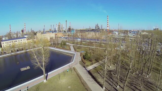 Pond in small park of Oil Refinery of Gazpromneft company