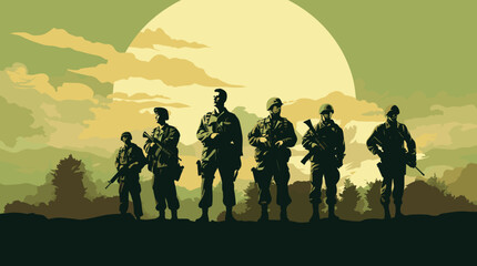 vector illustration highlighting military camaraderie. a group of soldiers in uniform, stands united against a clean, flat color background.  - obrazy, fototapety, plakaty