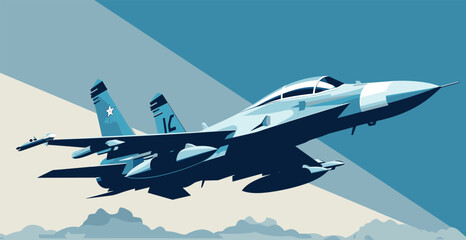 Fototapeta na wymiar vector illustration of a military aircraft in flight. fighter jet soaring through the sky, stands out against a clean, flat color background. Vector illustration