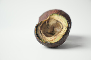 A rotten avocado on a white background.