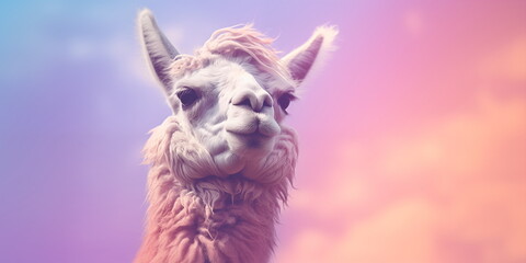 Obraz premium Close Up Portrait of a llama in a Field in Pastel Colors. Farm Animal Photo with Vintage Retro Effect.