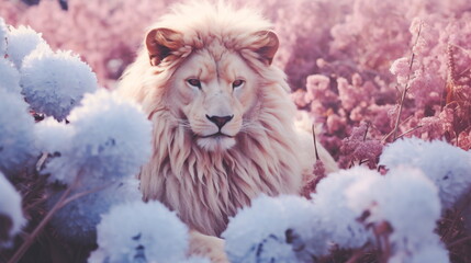 Close Up Vintage and retro photo of a Lion in a pink and white blossoms field. Postcard with Lion in a dreamy landscape with flowers in Vintage Style. Wild Animal Concept
