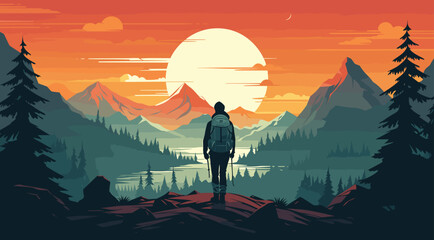 vector poster advocating for outdoor adventure and exploration. simple depiction of a camper or hiker in nature, stands against a backdrop of outdoor elements. - obrazy, fototapety, plakaty