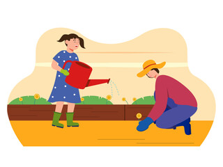 Father is gardening with his daughter. Parenting illustrations.