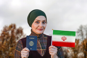 Muslim Woman Holding Passport and Flag of  Iran