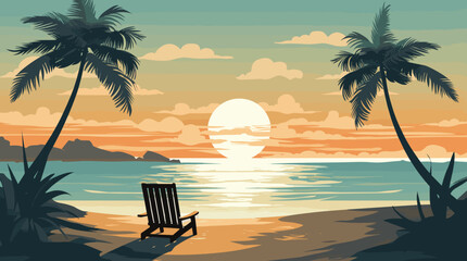 travel themed vector background tropical beach shades of sandy beige and ocean blue. a vector illustration of a tranquil beach scene with palm trees, turquoise waters, and sun loungers. - obrazy, fototapety, plakaty