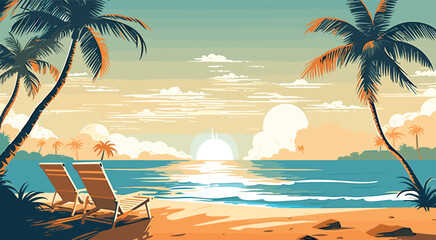 travel themed vector background tropical beach shades of sandy beige and ocean blue. a vector illustration of a tranquil beach scene with palm trees, turquoise waters, and sun loungers. - obrazy, fototapety, plakaty