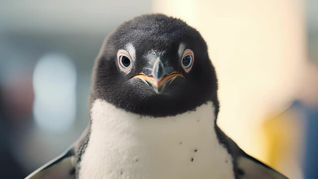 Extreme closeup of a penguins curious stare, capturing the intricate details and emotions in its expression.