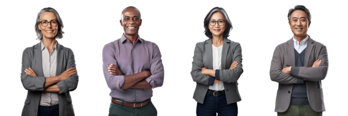 Set of Portrait of a middle aged businesswoman and businessman happy smiling and standing posing arms crossed, isolated on white background, png