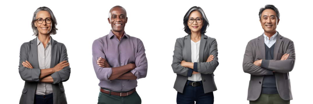 Set of Portrait of a middle aged businesswoman and businessman happy smiling and standing posing arms crossed, isolated on white background, png