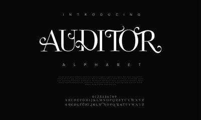 Auditor premium luxury elegant alphabet letters and numbers. Elegant wedding typography classic serif font decorative vintage retro. Creative vector illustration