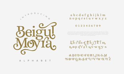 Belguloyra premium luxury elegant alphabet letters and numbers. Elegant wedding typography classic serif font decorative vintage retro. Creative vector illustration