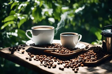 coffee cup, roaster, organic coffee, on a table, premium coffee, porcelain cup high quality coffee, outside in nature