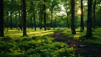 A beautiful green forest in summer evening beautiful