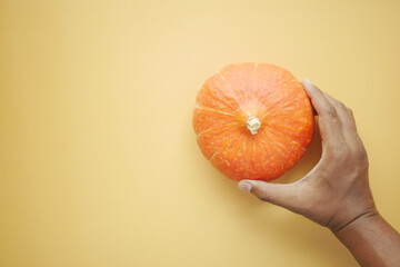 hand hold a small pumpkin against orange color background 