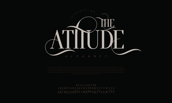 Theatitude premium luxury elegant alphabet letters and numbers. Elegant wedding typography classic serif font decorative vintage retro. Creative vector illustration