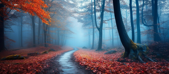 Morning time magic autumn forest with walking path, beautiful autumn landscape. Ai Generative