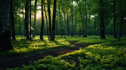 Fototapeta na wymiar A beautiful green forest in summer evening beautiful