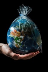 A hand holding the Planet Earth, inside a plastic bag