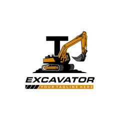 Logo excavator and initial T for construction company. Heavy equipment template vector illustration for your branding.